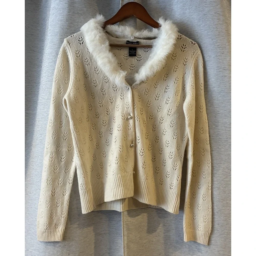 DANIEL BISHOP 100 Cashmere Ivory Fur Collar Gem Button‎ Cardigan Sweater Women L